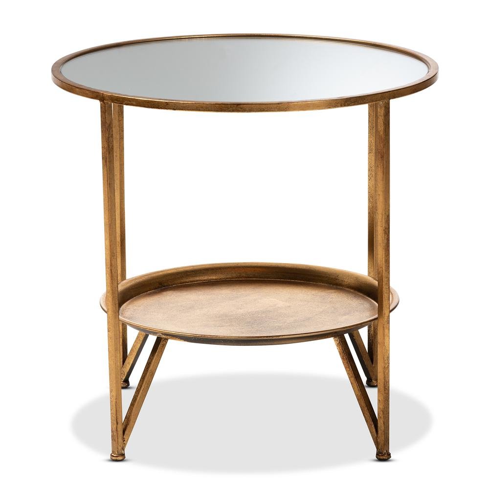 Antique Gold Finished Metal and Mirrored Glass Accent Table with Tray Shelf