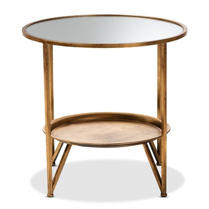 Antique Gold Finished Metal and Mirrored Glass Accent Table with Tray Shelf