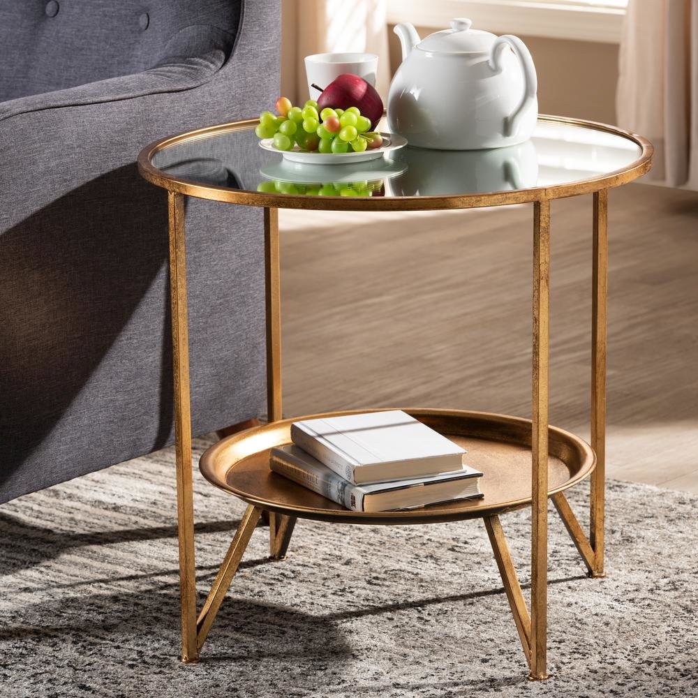 Antique Gold Finished Metal and Mirrored Glass Accent Table with Tray Shelf