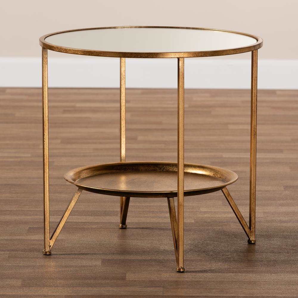 Antique Gold Finished Metal and Mirrored Glass Accent Table with Tray Shelf