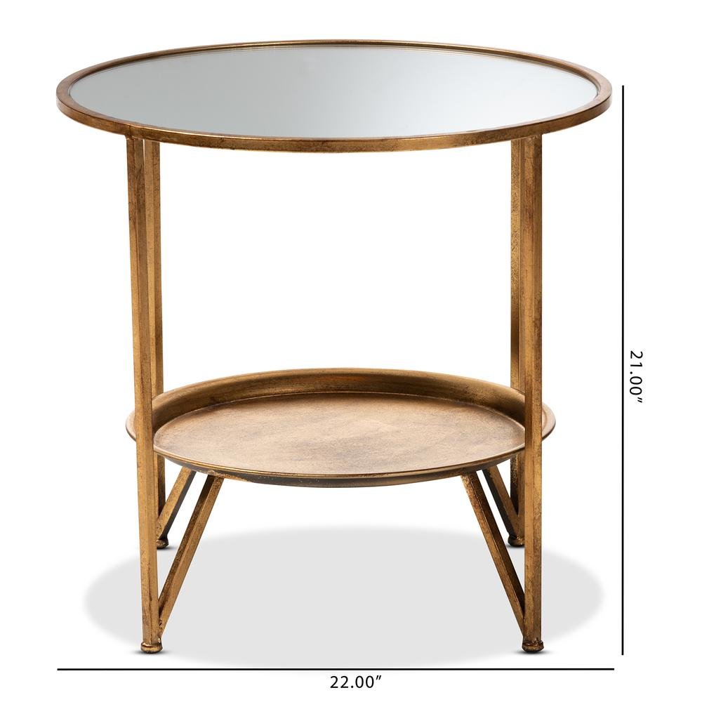 Antique Gold Finished Metal and Mirrored Glass Accent Table with Tray Shelf