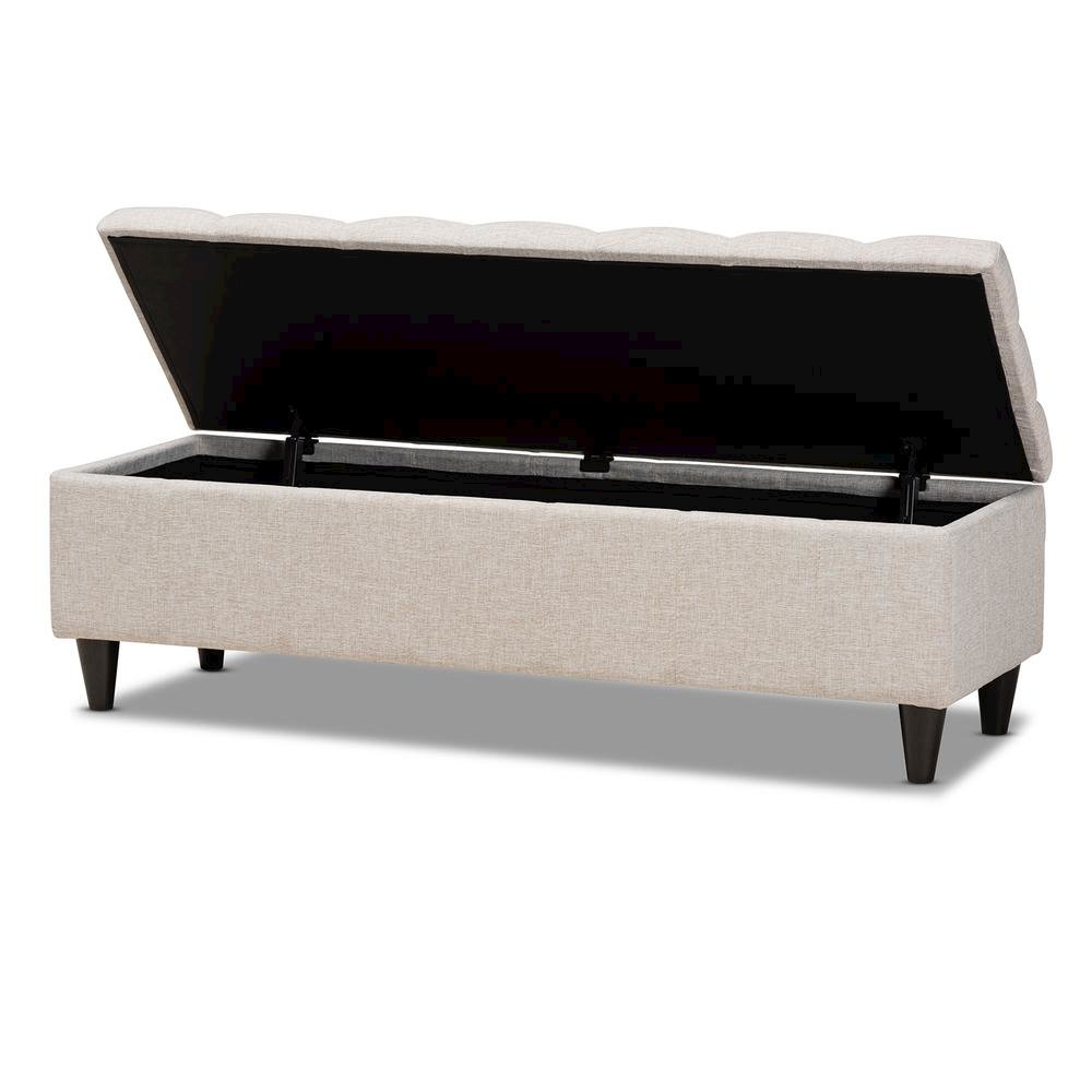 Light Blue Fabric Upholstered Dark Brown Finished Wood Storage Bench Ottoman