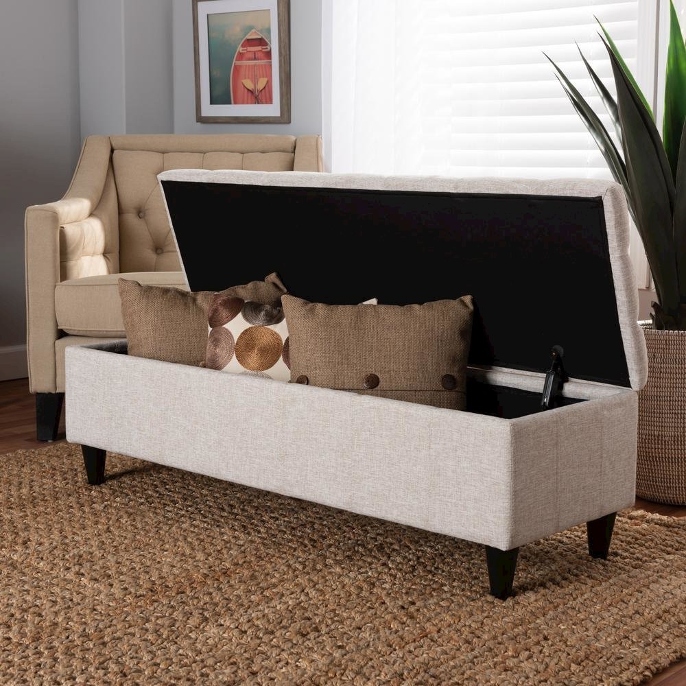 Light Blue Fabric Upholstered Dark Brown Finished Wood Storage Bench Ottoman