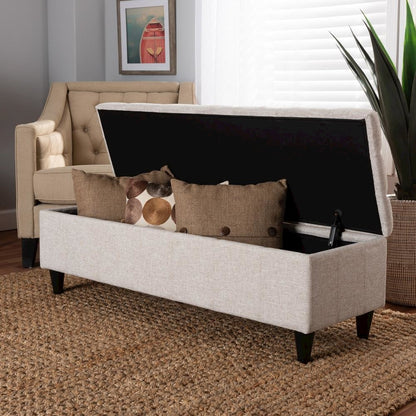 Light Blue Fabric Upholstered Dark Brown Finished Wood Storage Bench Ottoman