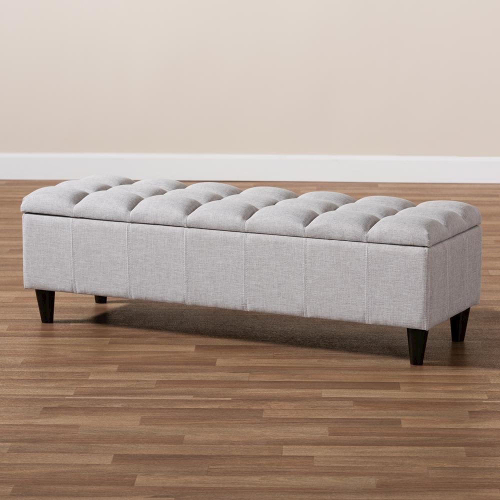 Grayish Beige Fabric Upholstered Dark Brown Finished Wood Storage Bench Ottoman