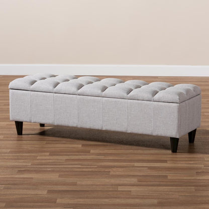Grayish Beige Fabric Upholstered Dark Brown Finished Wood Storage Bench Ottoman