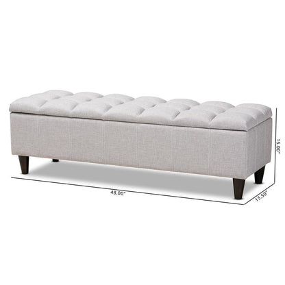 Grayish Beige Fabric Upholstered Dark Brown Finished Wood Storage Bench Ottoman