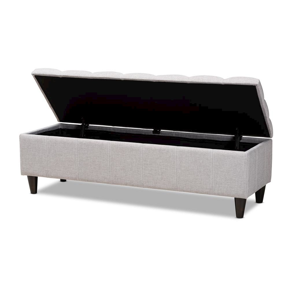 Grayish Beige Fabric Upholstered Dark Brown Finished Wood Storage Bench Ottoman