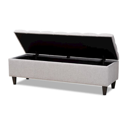 Grayish Beige Fabric Upholstered Dark Brown Finished Wood Storage Bench Ottoman