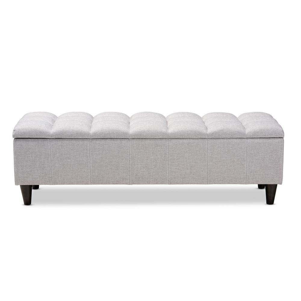Grayish Beige Fabric Upholstered Dark Brown Finished Wood Storage Bench Ottoman