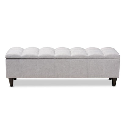 Grayish Beige Fabric Upholstered Dark Brown Finished Wood Storage Bench Ottoman