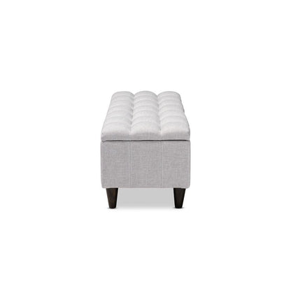Grayish Beige Fabric Upholstered Dark Brown Finished Wood Storage Bench Ottoman