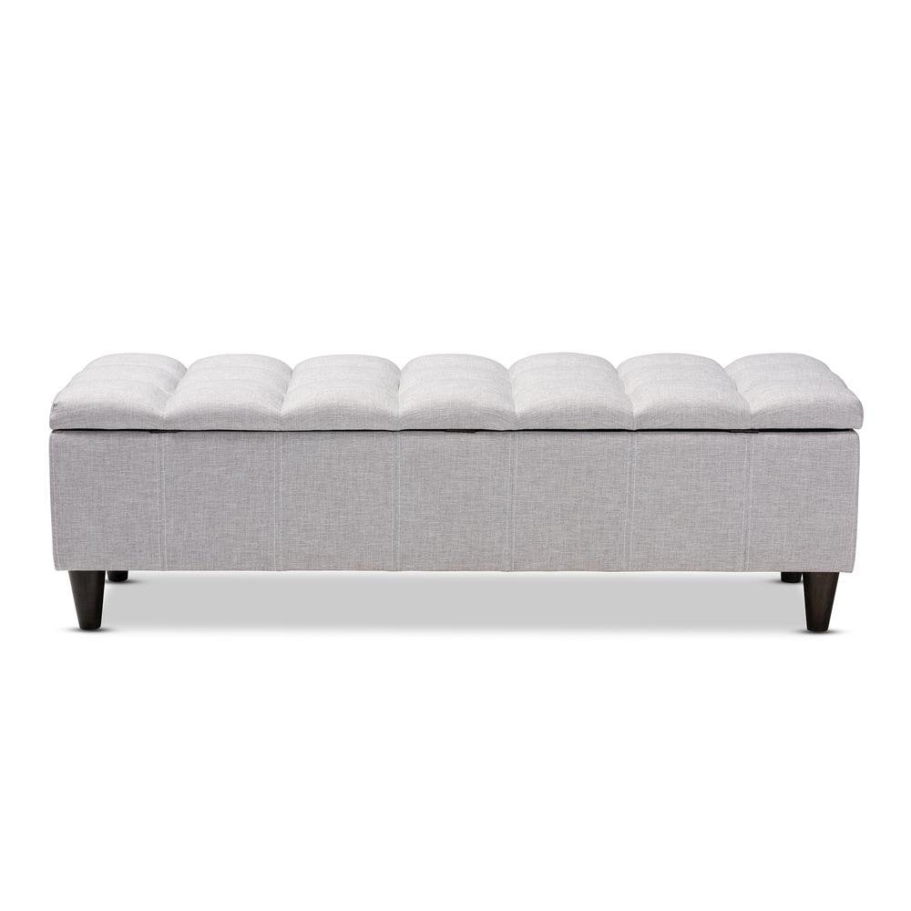 Grayish Beige Fabric Upholstered Dark Brown Finished Wood Storage Bench Ottoman