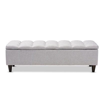 Grayish Beige Fabric Upholstered Dark Brown Finished Wood Storage Bench Ottoman
