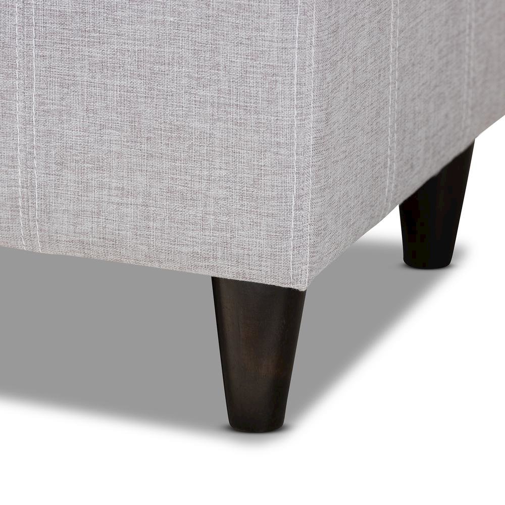 Grayish Beige Fabric Upholstered Dark Brown Finished Wood Storage Bench Ottoman