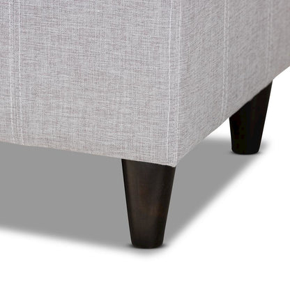 Grayish Beige Fabric Upholstered Dark Brown Finished Wood Storage Bench Ottoman
