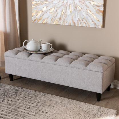 Grayish Beige Fabric Upholstered Dark Brown Finished Wood Storage Bench Ottoman