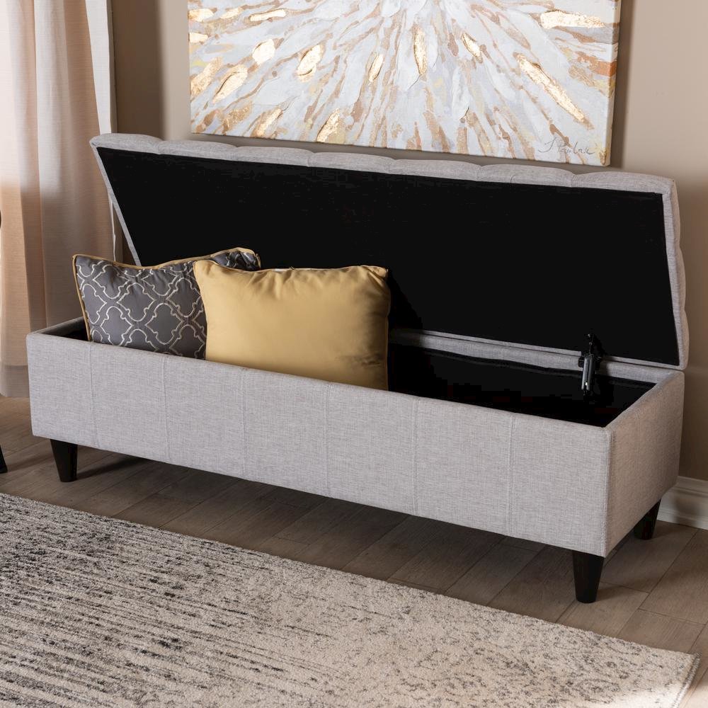 Grayish Beige Fabric Upholstered Dark Brown Finished Wood Storage Bench Ottoman