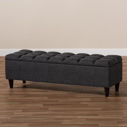 Charcoal Fabric Upholstered Dark Brown Finished Wood Storage Bench Ottoman