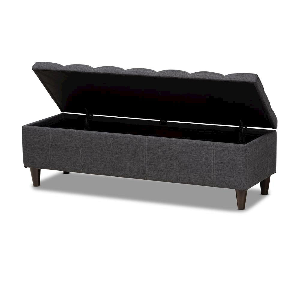 Charcoal Fabric Upholstered Dark Brown Finished Wood Storage Bench Ottoman