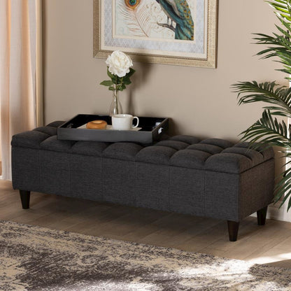 Charcoal Fabric Upholstered Dark Brown Finished Wood Storage Bench Ottoman