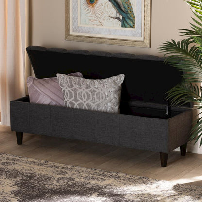 Charcoal Fabric Upholstered Dark Brown Finished Wood Storage Bench Ottoman