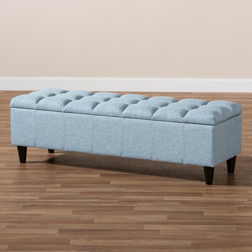 Light Blue Fabric Upholstered Dark Brown Finished Wood Storage Bench Ottoman