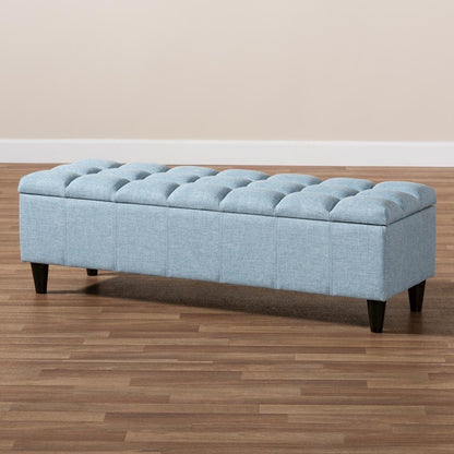 Light Blue Fabric Upholstered Dark Brown Finished Wood Storage Bench Ottoman