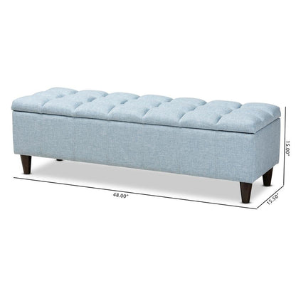 Light Blue Fabric Upholstered Dark Brown Finished Wood Storage Bench Ottoman