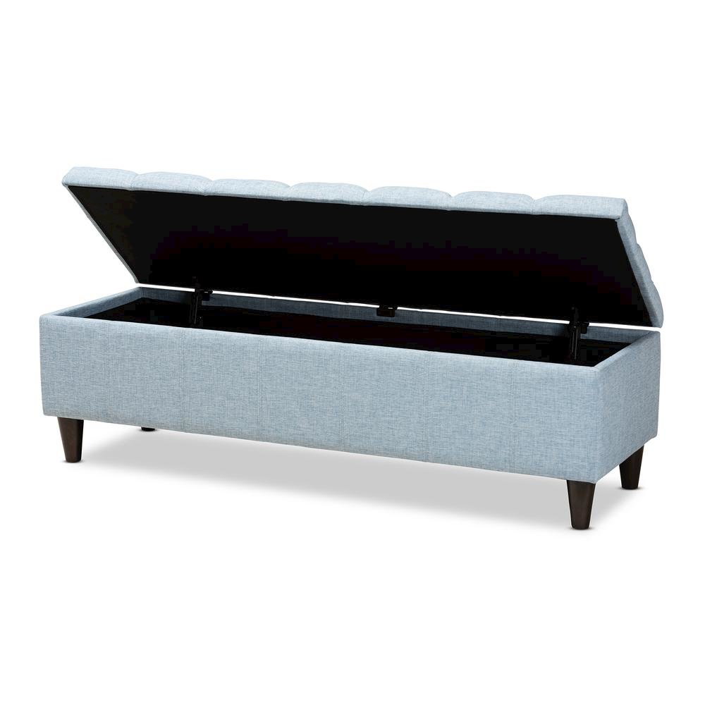 Light Blue Fabric Upholstered Dark Brown Finished Wood Storage Bench Ottoman