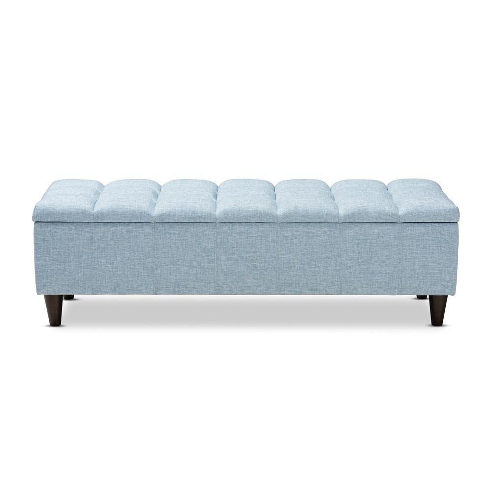 Light Blue Fabric Upholstered Dark Brown Finished Wood Storage Bench Ottoman
