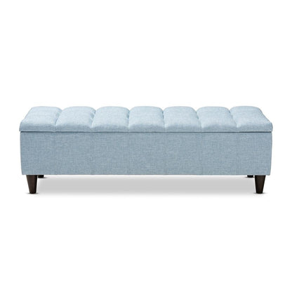 Light Blue Fabric Upholstered Dark Brown Finished Wood Storage Bench Ottoman