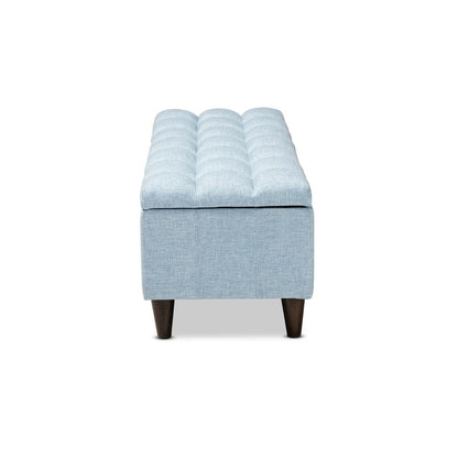Light Blue Fabric Upholstered Dark Brown Finished Wood Storage Bench Ottoman