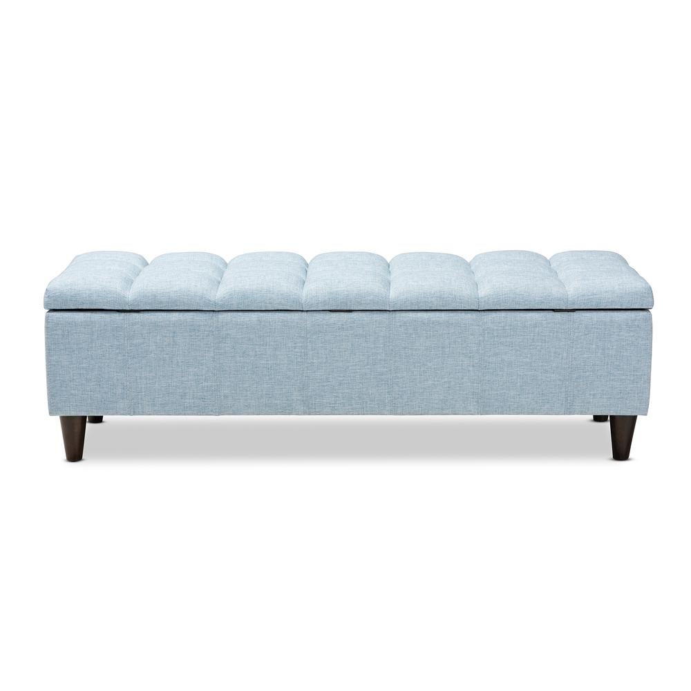 Light Blue Fabric Upholstered Dark Brown Finished Wood Storage Bench Ottoman