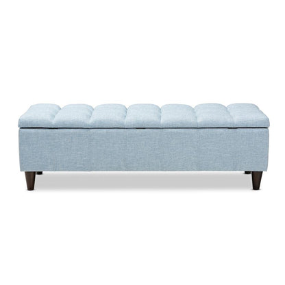 Light Blue Fabric Upholstered Dark Brown Finished Wood Storage Bench Ottoman
