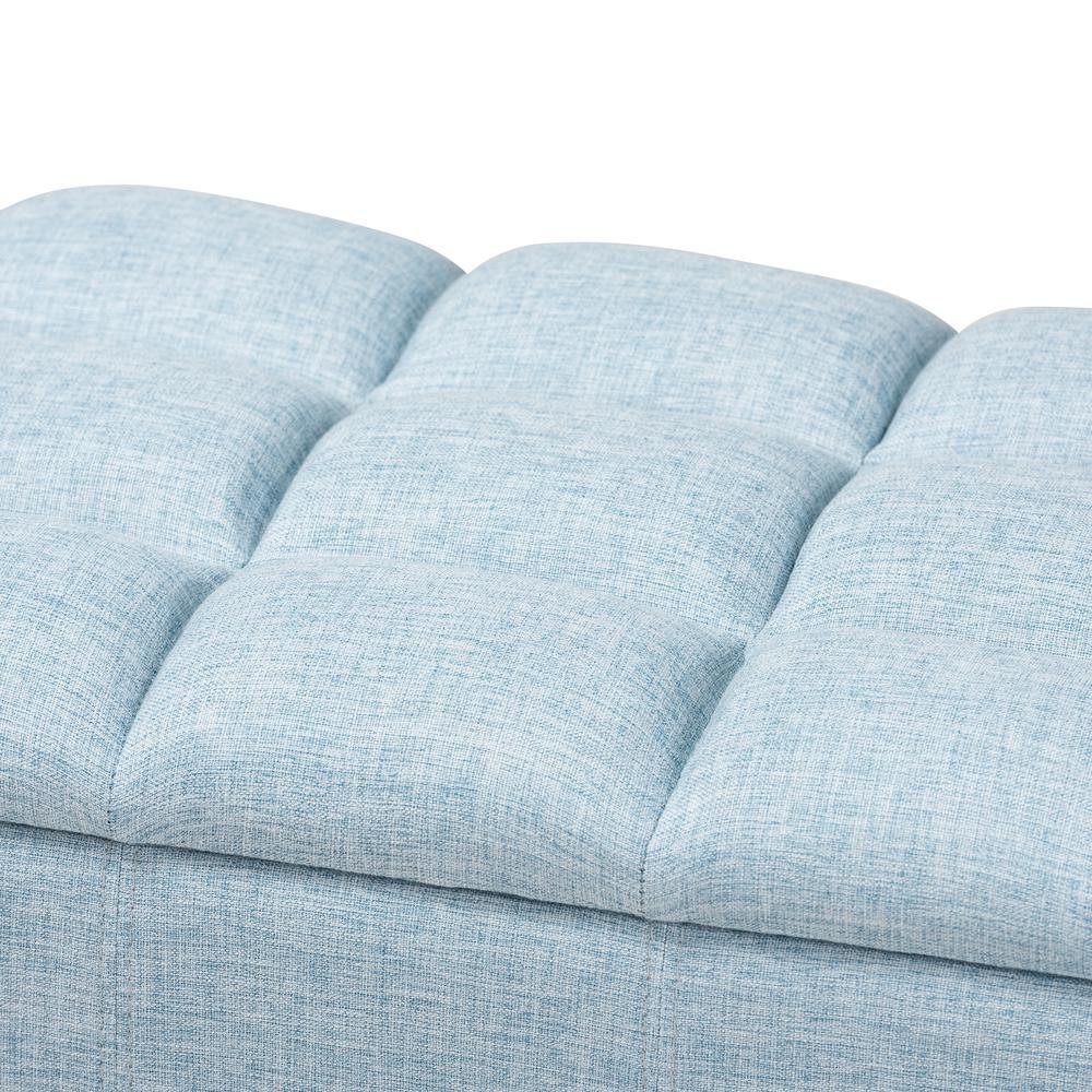 Light Blue Fabric Upholstered Dark Brown Finished Wood Storage Bench Ottoman