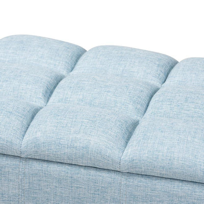 Light Blue Fabric Upholstered Dark Brown Finished Wood Storage Bench Ottoman