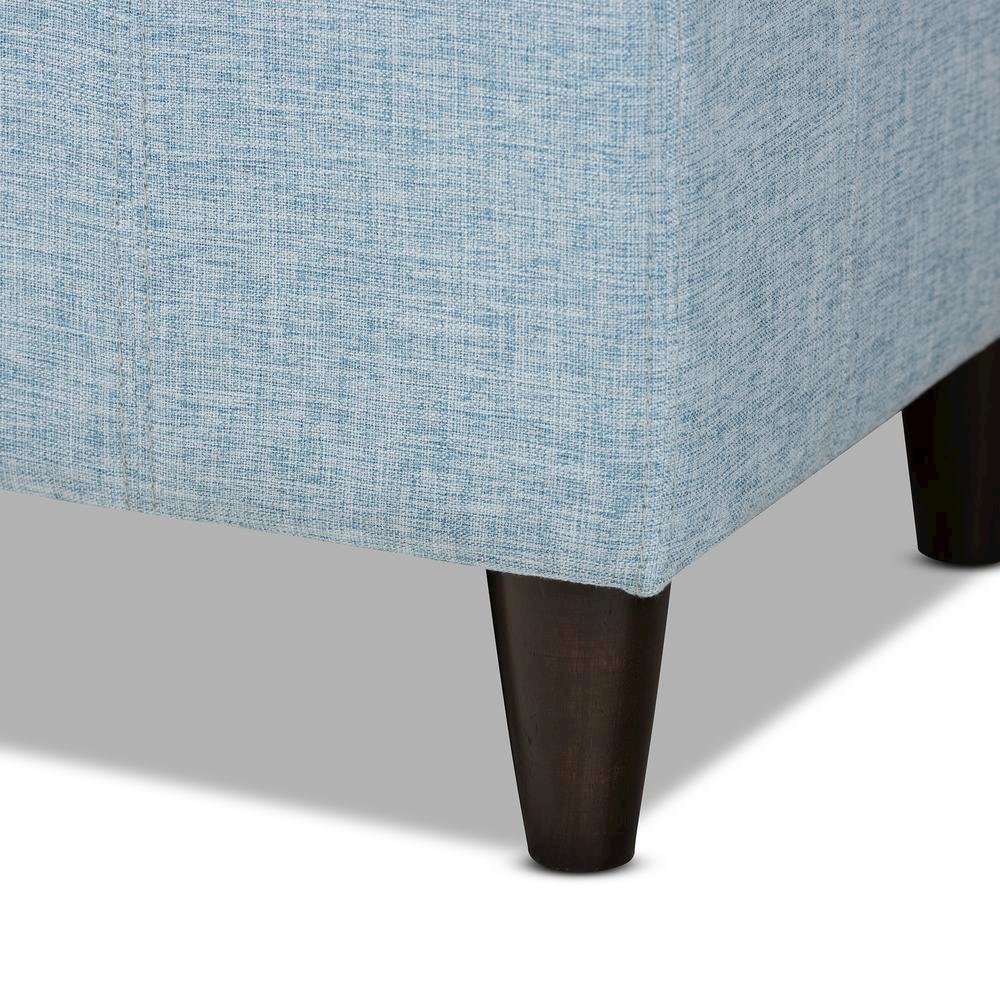 Light Blue Fabric Upholstered Dark Brown Finished Wood Storage Bench Ottoman