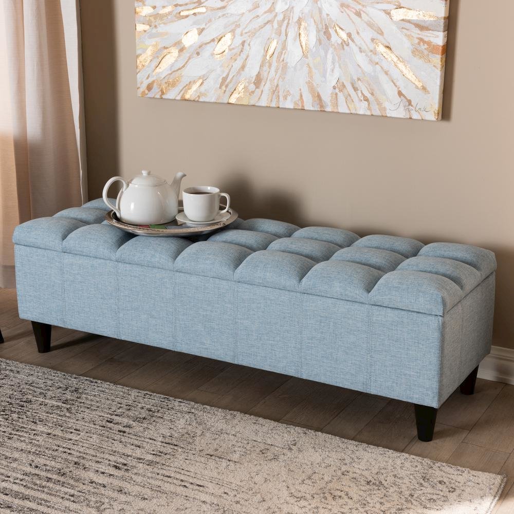Light Blue Fabric Upholstered Dark Brown Finished Wood Storage Bench Ottoman