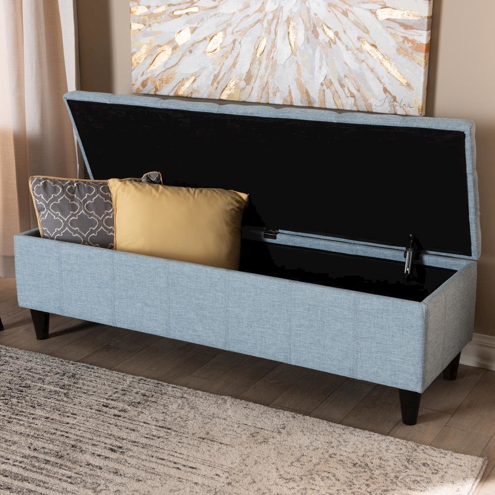 Light Blue Fabric Upholstered Dark Brown Finished Wood Storage Bench Ottoman