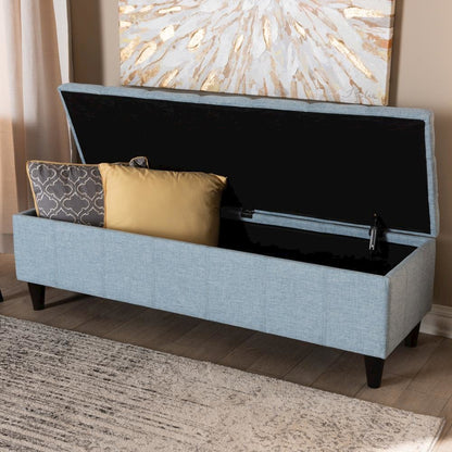 Light Blue Fabric Upholstered Dark Brown Finished Wood Storage Bench Ottoman