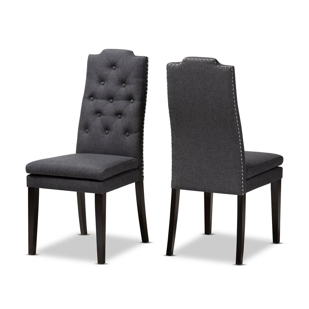 Charcoal Fabric Upholstered Button Tufted Wood Dining Chair Set of 2