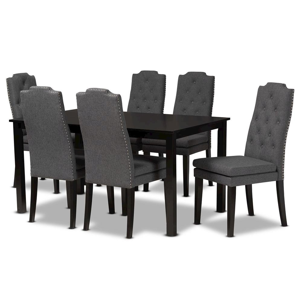 Dark Grey Fabric Upholstered and Dark Brown Finished Wood 7-Piece Dining Set