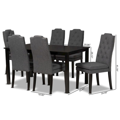 Dark Grey Fabric Upholstered and Dark Brown Finished Wood 7-Piece Dining Set