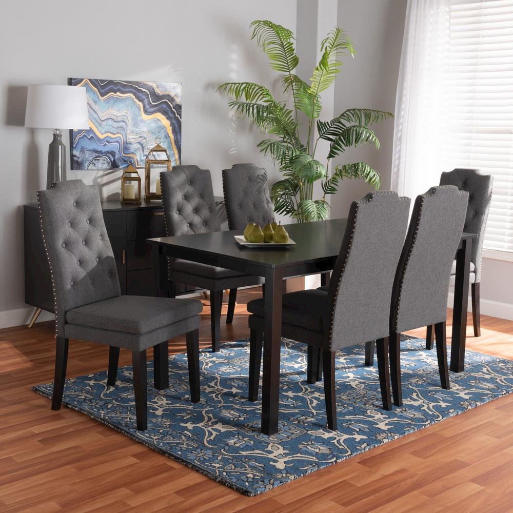 Dark Grey Fabric Upholstered and Dark Brown Finished Wood 7-Piece Dining Set