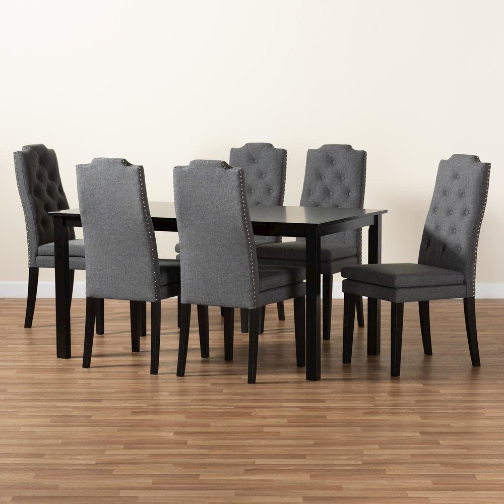 Dark Grey Fabric Upholstered and Dark Brown Finished Wood 7-Piece Dining Set