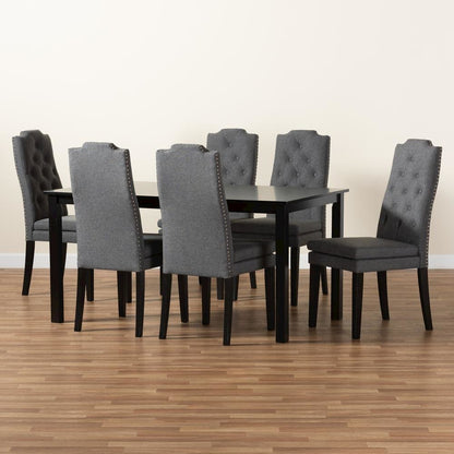 Dark Grey Fabric Upholstered and Dark Brown Finished Wood 7-Piece Dining Set