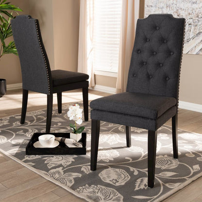Charcoal Fabric Upholstered Button Tufted Wood Dining Chair Set of 2