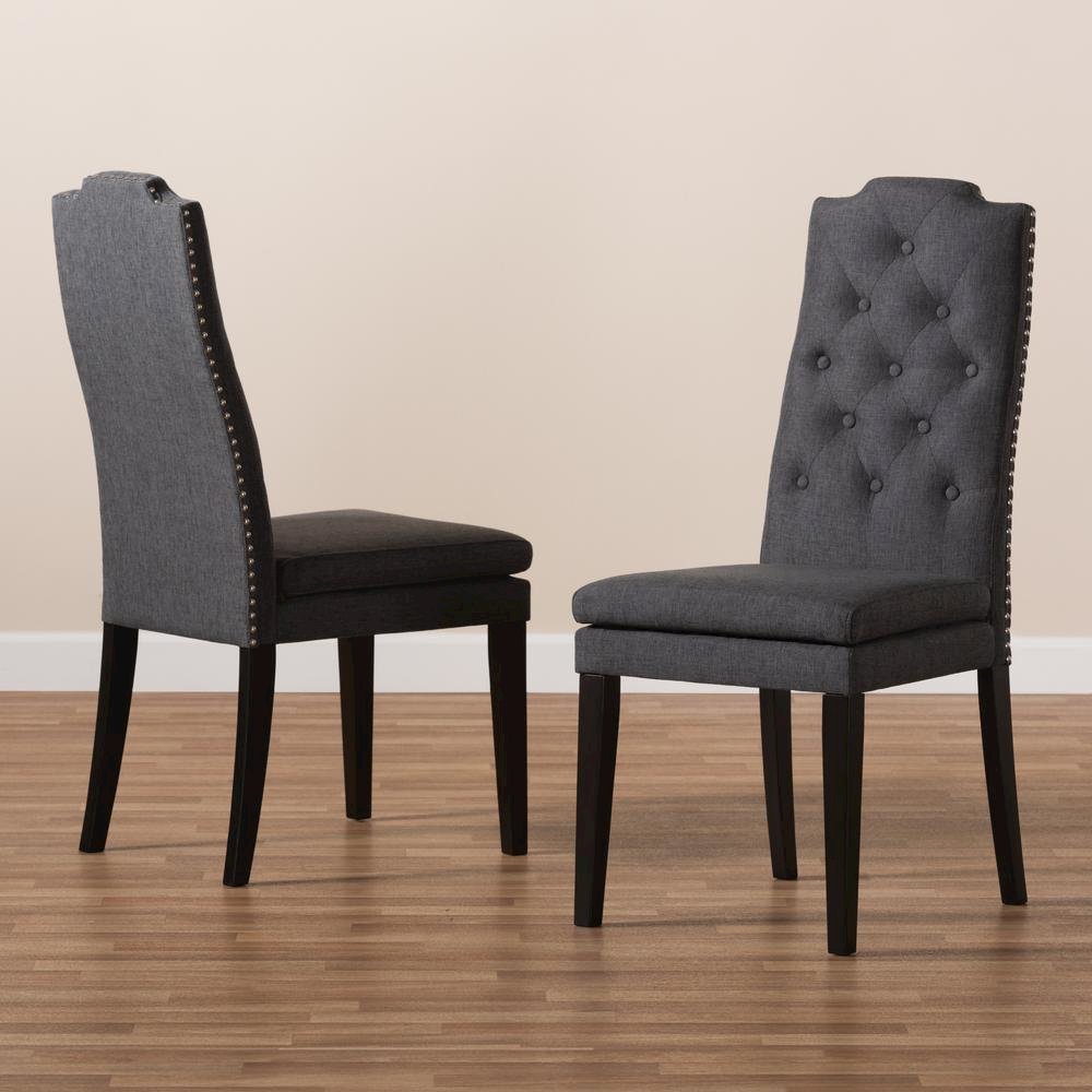 Charcoal Fabric Upholstered Button Tufted Wood Dining Chair Set of 2