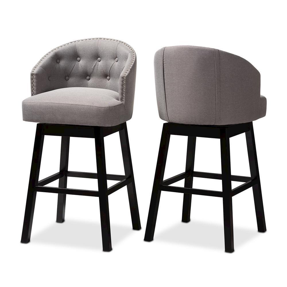 Theron Transitional Gray Fabric Upholstered Wood Swivel Bar Stool Set of 2